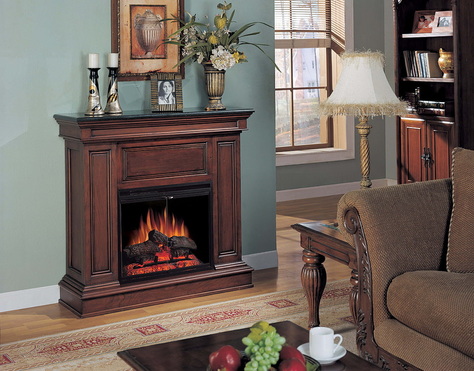 black and brown electric fireplace HD wallpaper